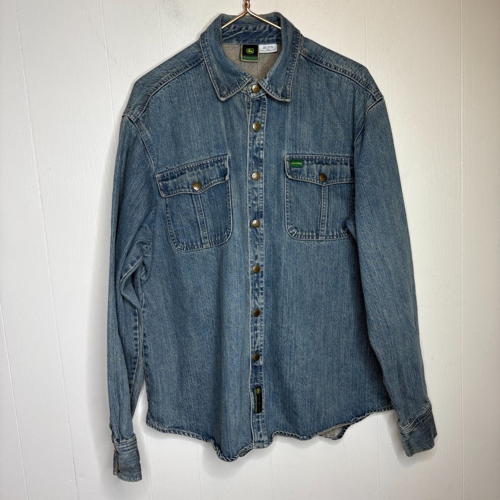 Vintage John Deere Work Shirt XL Blue Heavy Denim Snap Button Western Farm Ranch